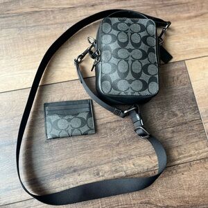 Coach Black/Charcoal Signature Crossbody with Top Handle + Matching Cardholder!